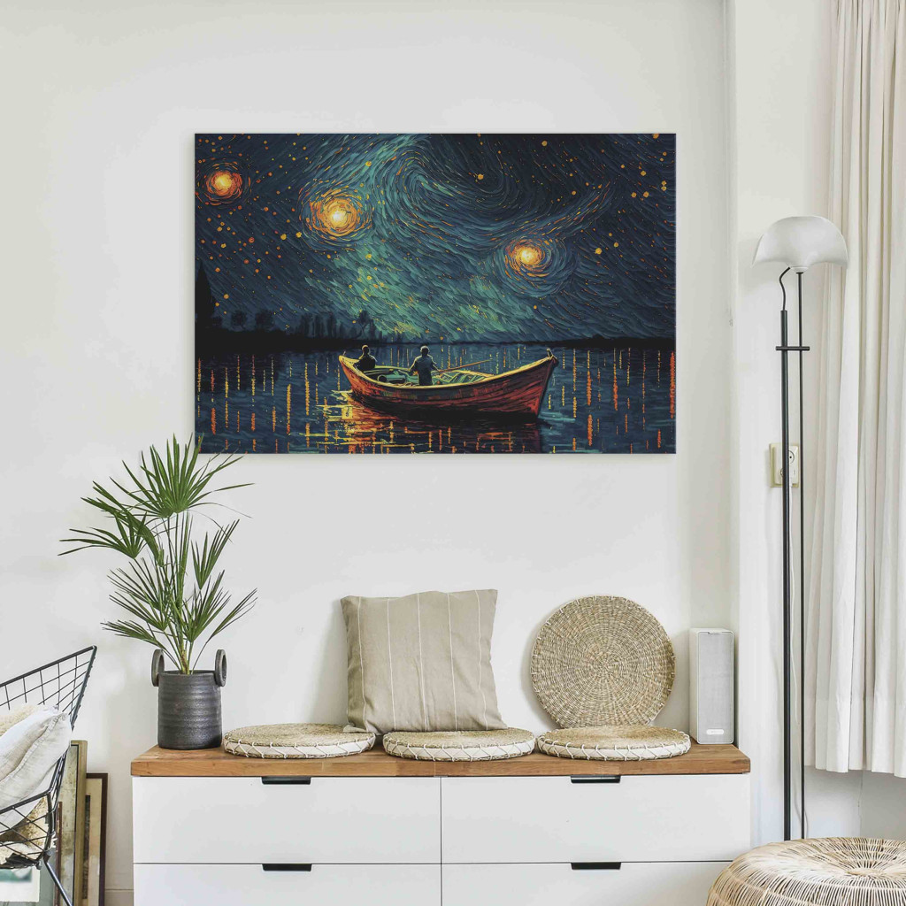 Schilderij  In Het Maanlicht: Starry Night - Impressionistic Landscape With A View Of The Sea And Sky