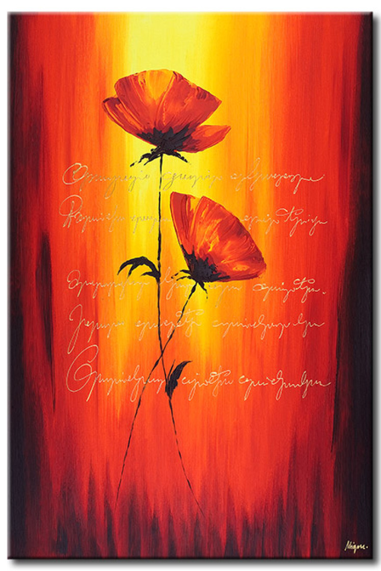 Canvas Art Print Red Flowers (1-piece) - abstraction with poppies and white text 46634