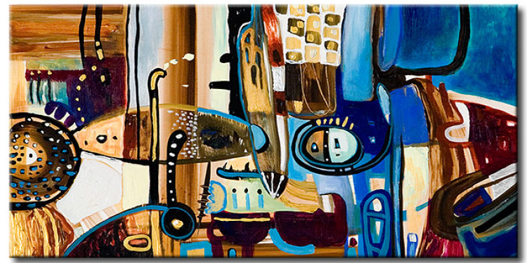 Tableau contemporain Brun et bleu (1 pièce) - Abstraction avec figures 47334