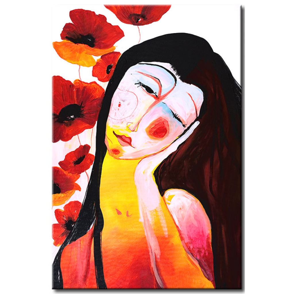 Schilderij  Vrouwen: Bloemendromer - Kleurrijk Vrouwelijk Portret Met Papaverbloemen