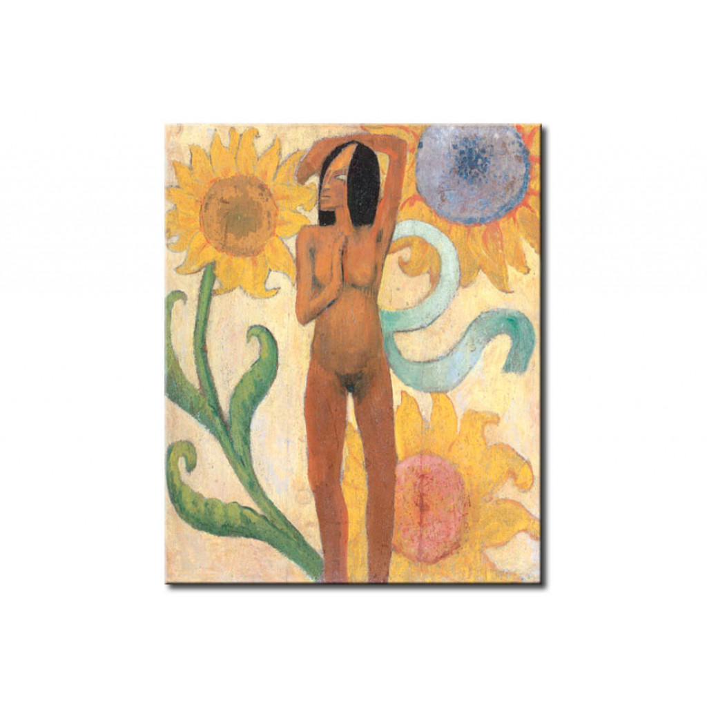 Schilderij  Paul Gauguin: Naked Female Figure With Sunflowers (or Caribbean Woman)