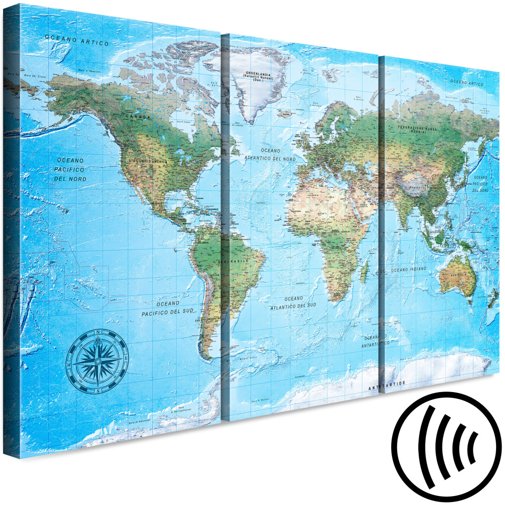 Schilderij  Kaarten Van De Wereld: Wereldkaart In Blauw (3-delig) - Continenten Met Italiaanse Teksten