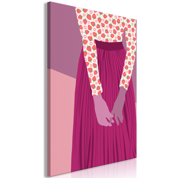 Obraz Purpurowa Postać - sylwetka kobiety ubranej w purpurową spódnicę i bluzkę w truskawki, kompozycja w odcieniach purpury i różu 123344 additionalImage 2