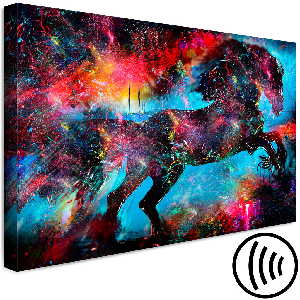 Schilderij  Gekleurde: Mythisch Paard - Kleurrijke Abstractie Met Een Zwart Dier