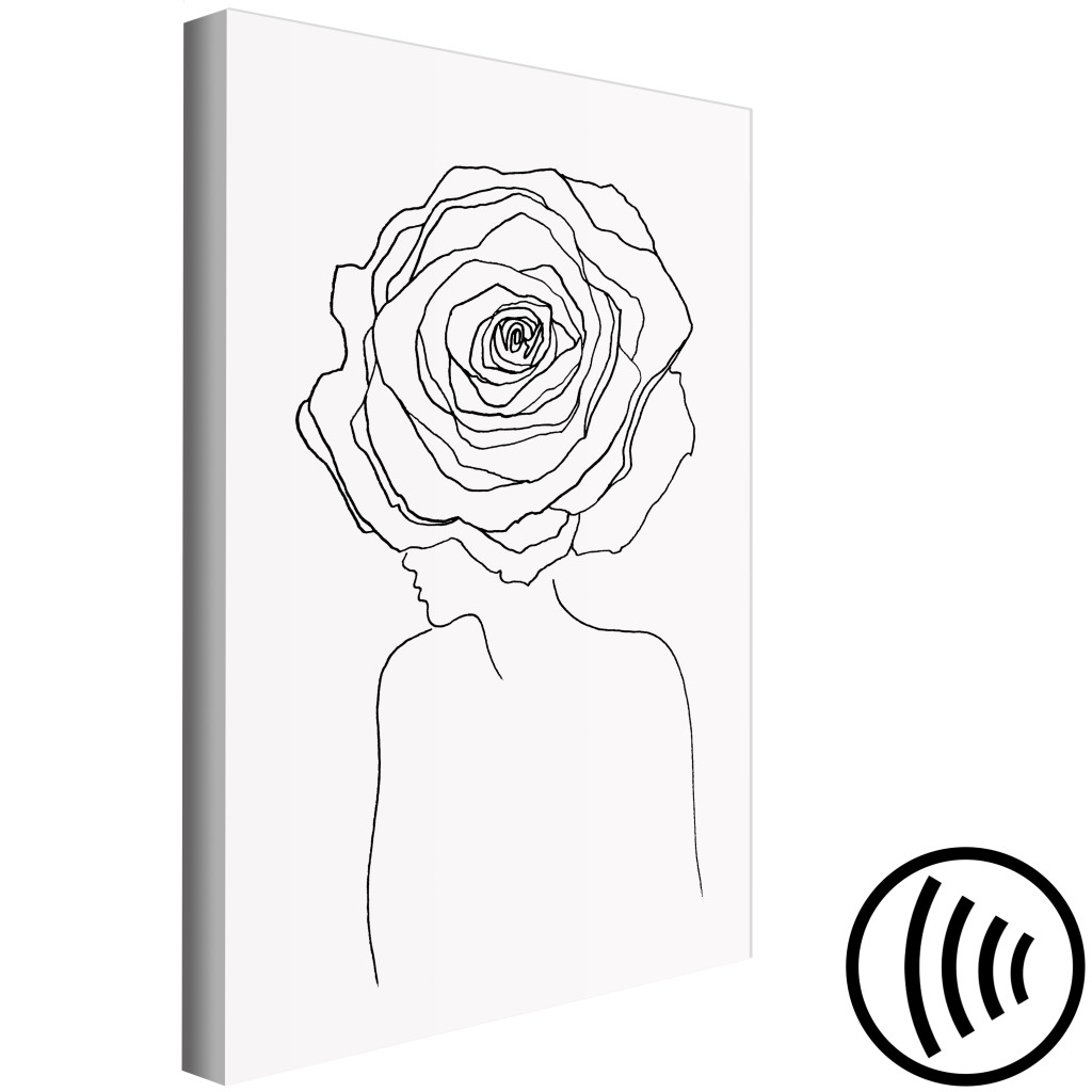 Schilderij  Abstract: Roos In Het Haar - Een Lineair Silhouet Van Een Vrouw Met Een Bloem