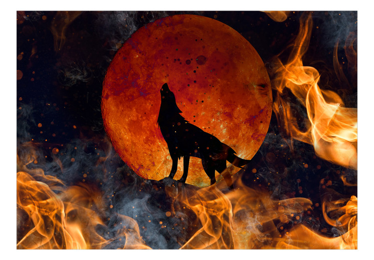 Fototapeta Dzika natura - wilk na tle czerwonego księżyca w płomieniach ognia 138544 additionalImage 1