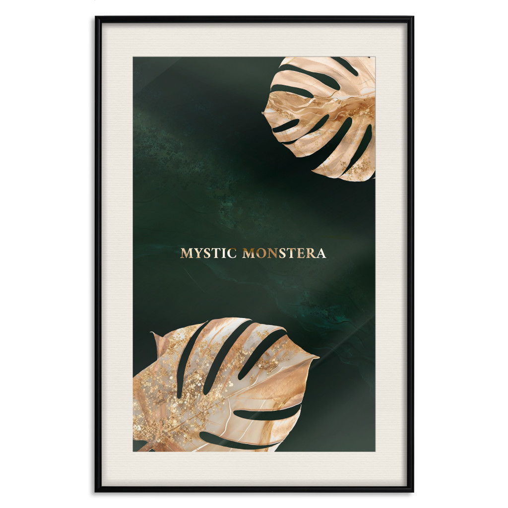 Plakat: Mistyczna Monstera - Zdobione Egzotyczne Liście Na Ciemnozielonym Tle