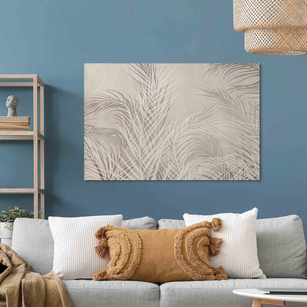 Schilderij  Minimalistische : Palm Trees In The Wind - Gray Twigs With Leaves On A Light Beige Background