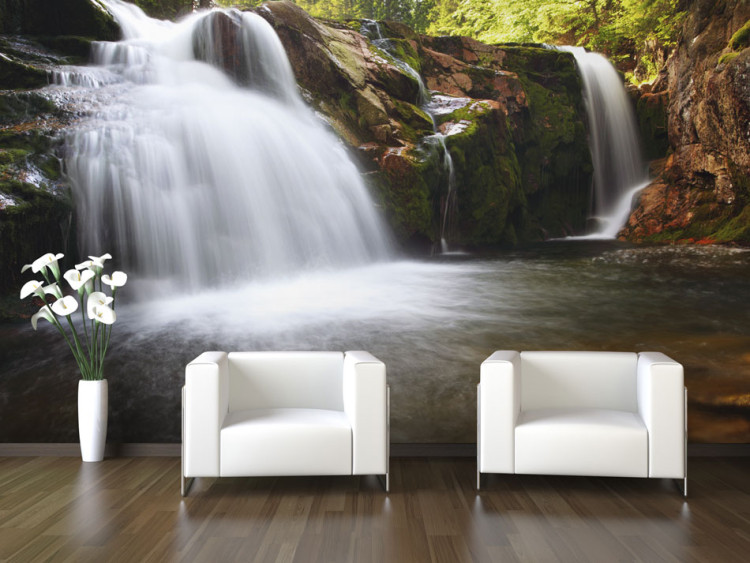 Wall Mural Peace of Nature - Waterfalls on Brown Rocks Flowing into the River 60044