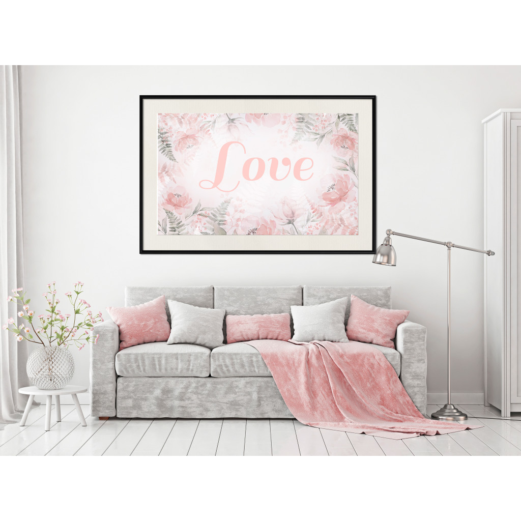 Muur Posters Love - Romantic Inscription On A Rose Background Among Plants And Leaves