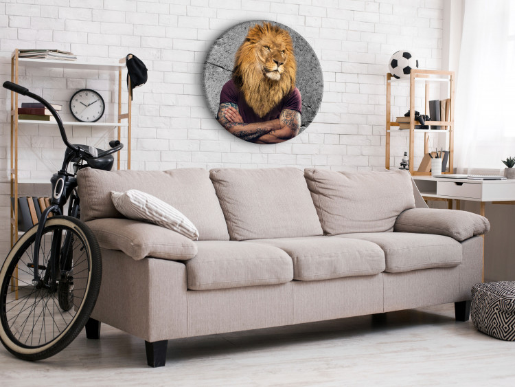 Round Canvas Lion - the King of the Savannah With a Fawn Mane and Tattoos in a Burgundy T-Shirt 148754 additionalImage 3