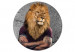 Round Canvas Lion - the King of the Savannah With a Fawn Mane and Tattoos in a Burgundy T-Shirt 148754