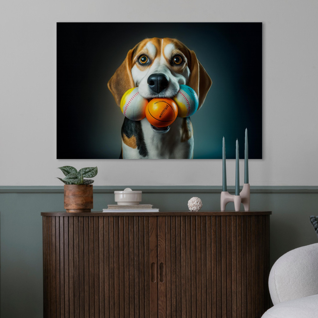 Obraz AI Pies Beagle - Portret Zwierzaka Z Trzema Piłkami W Pysku - Poziomy
