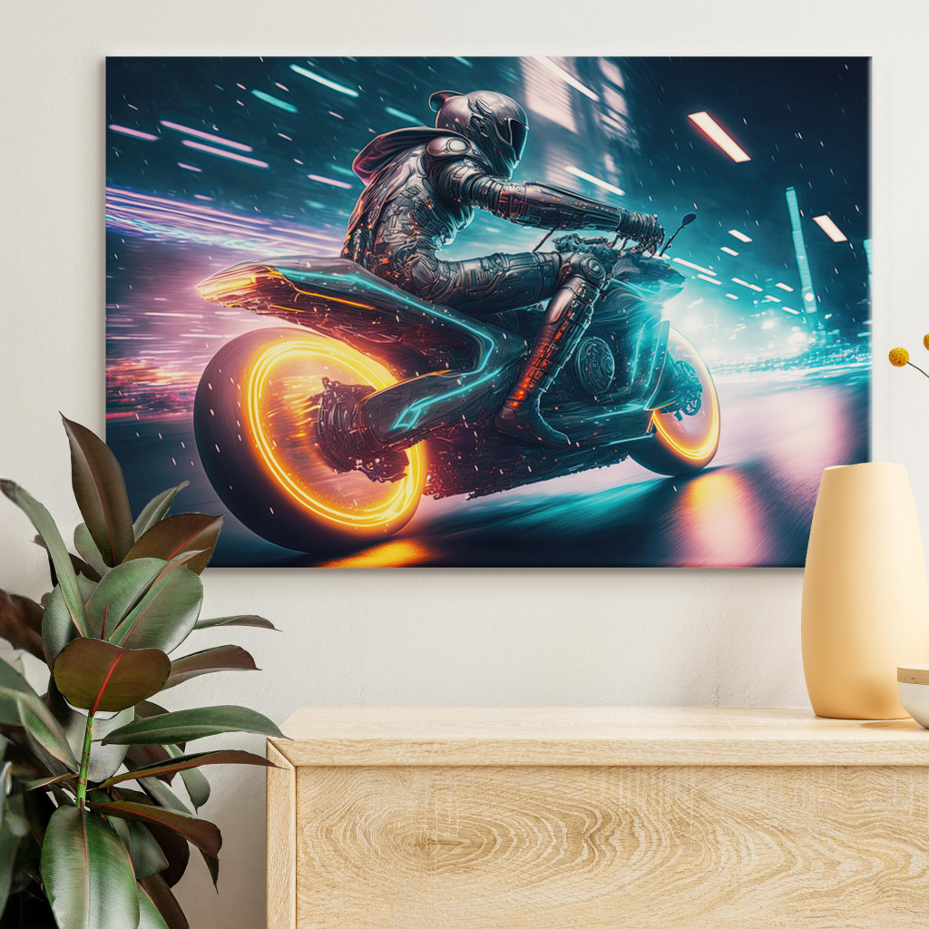 Schilderij  Abstract: Speed Of Light - Motorcyclist During Night City Race