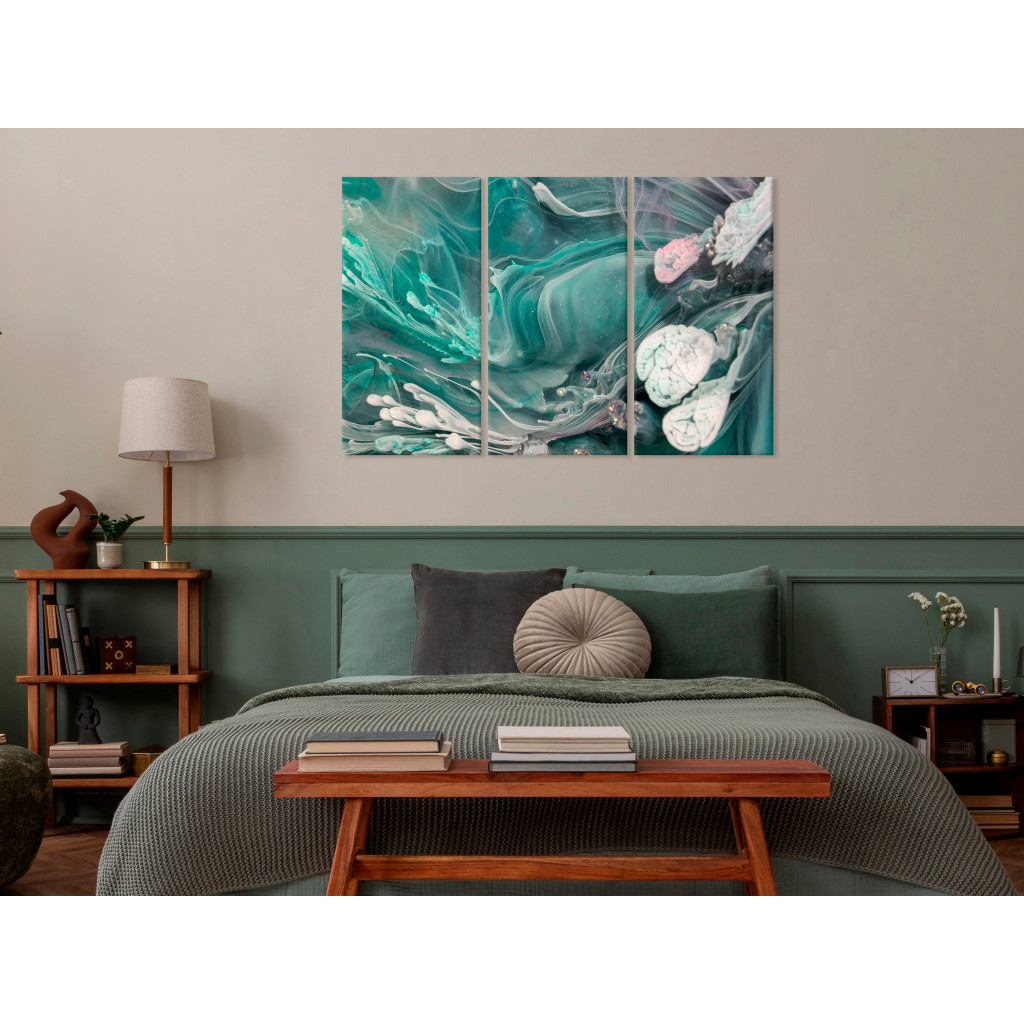 Schilderij  Abstract: Turquoise Abstraction - Patches Of Delicate Color Spilling Into White