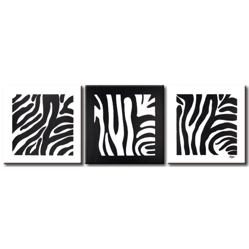 Quadro Em Tela Listras De Zebra (3 Peças) - Abstração Minimalista Preto E Branco