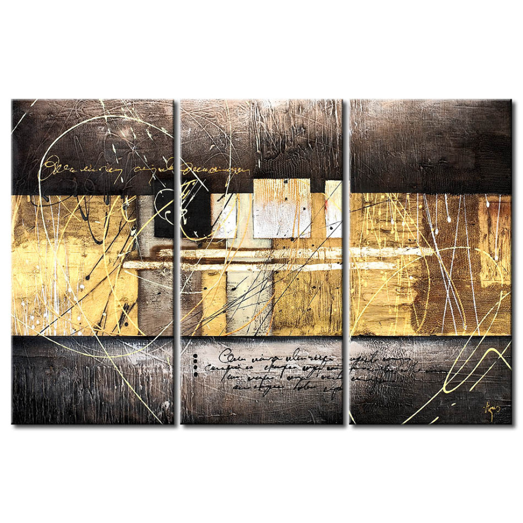 Pintura Em Tela Alquimia (3 Partes) - Abstração Com Figuras Geométricas Douradas
