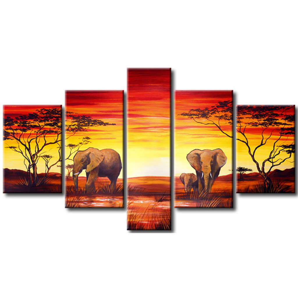Pintura Elefantes Africanos - Animais Com O Sol Poente Sobre A Savana