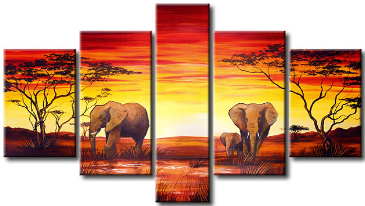 Obraz Afrykańskie słonie - zwierzęta na tle słońca zachodzącego nad sawanną 49454