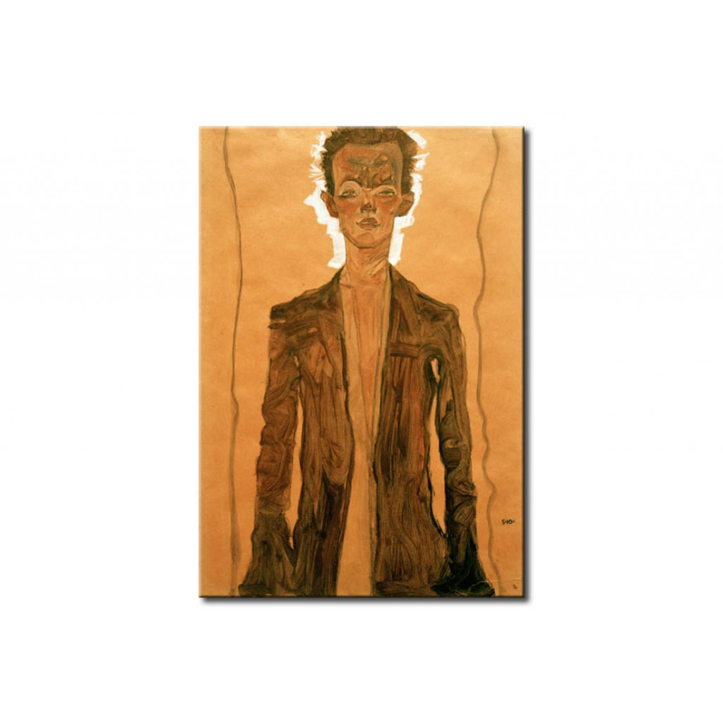 Schilderij  Egon Schiele: Self-Portrait In A Brown Coat