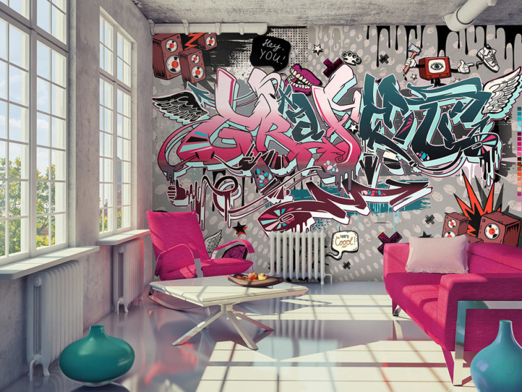 Wall Mural Hey You! - Mural with Texts and Drawings in Shades of Pink and Turquoise