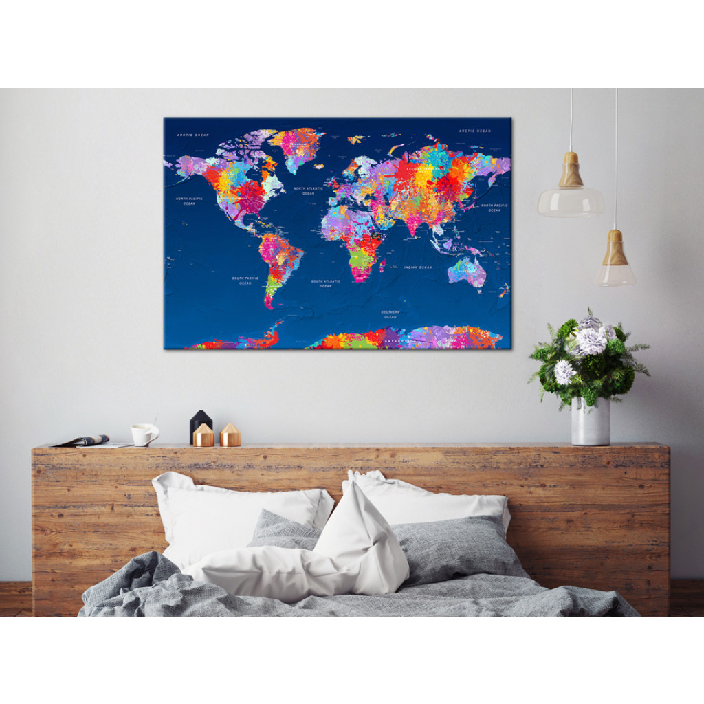 Schilderij  Kaarten Van De Wereld: Continenten In Kleuren (1-delig) - Artistieke Wereldkaart En Teksten