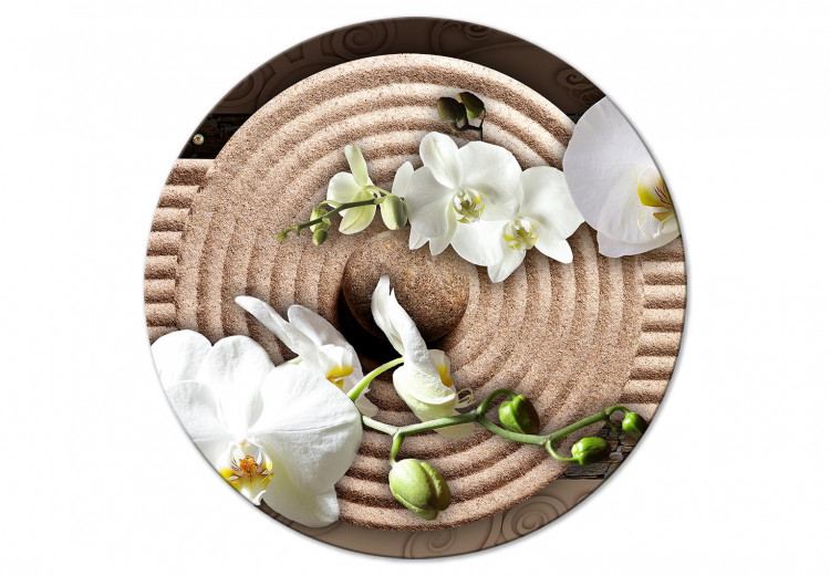 Round Canvas In the Zen Garden - Japanese Composition With White Orchids on the Sand 148764