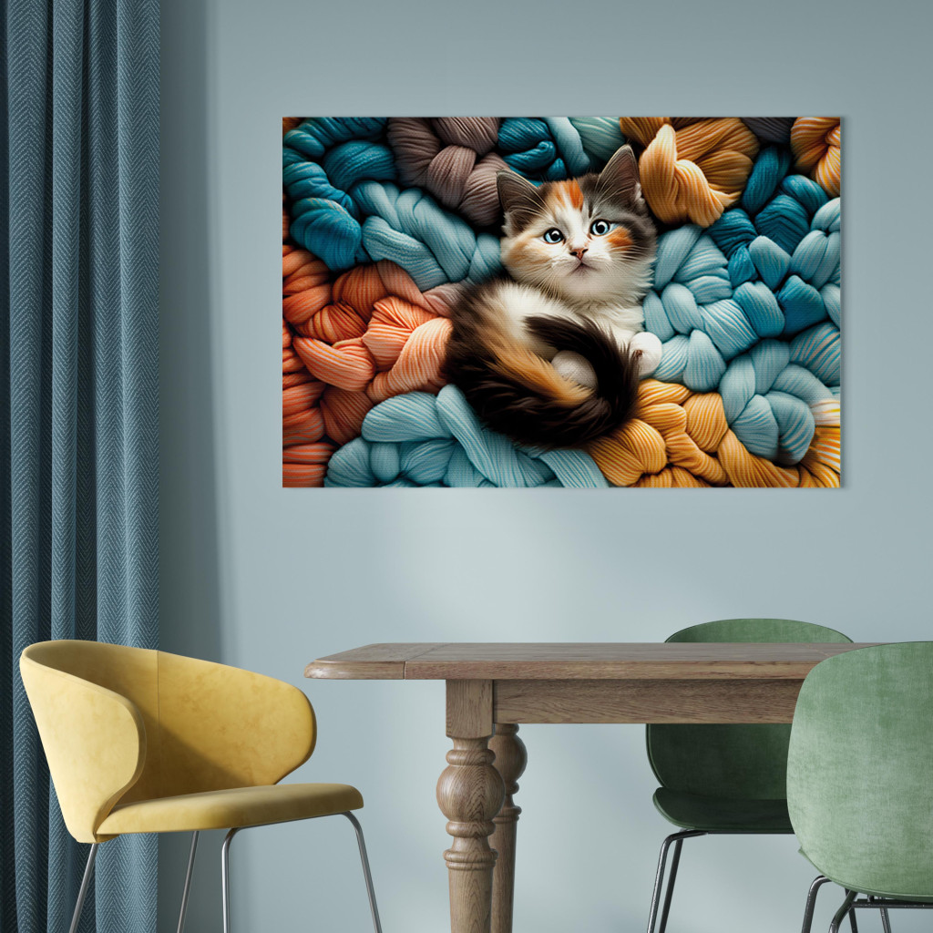 Obraz AI Calico Cat - Szylkretowy Zwierzak Odpoczywający Na Kłębach Kolorowych Włóczek - Poziomy