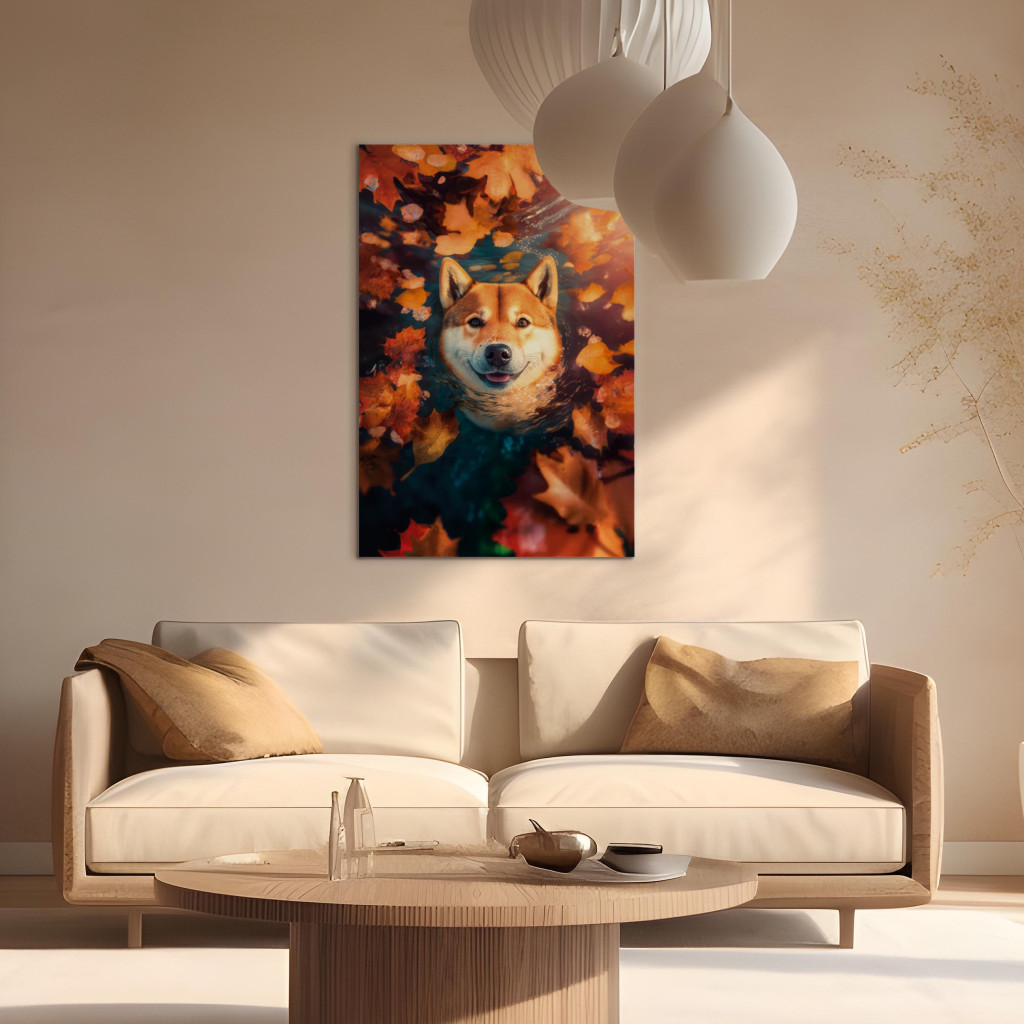 Schilderij  Honden: AI Shiba Dog - Portrait Of A Friendly Animal In An Autumn Mood - Vertical
