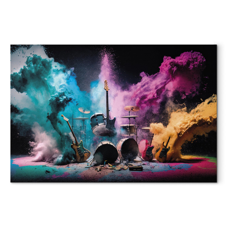 Canvas Art Print Rock Concert - Exploding Instruments on Stage in Colored Dust 150664