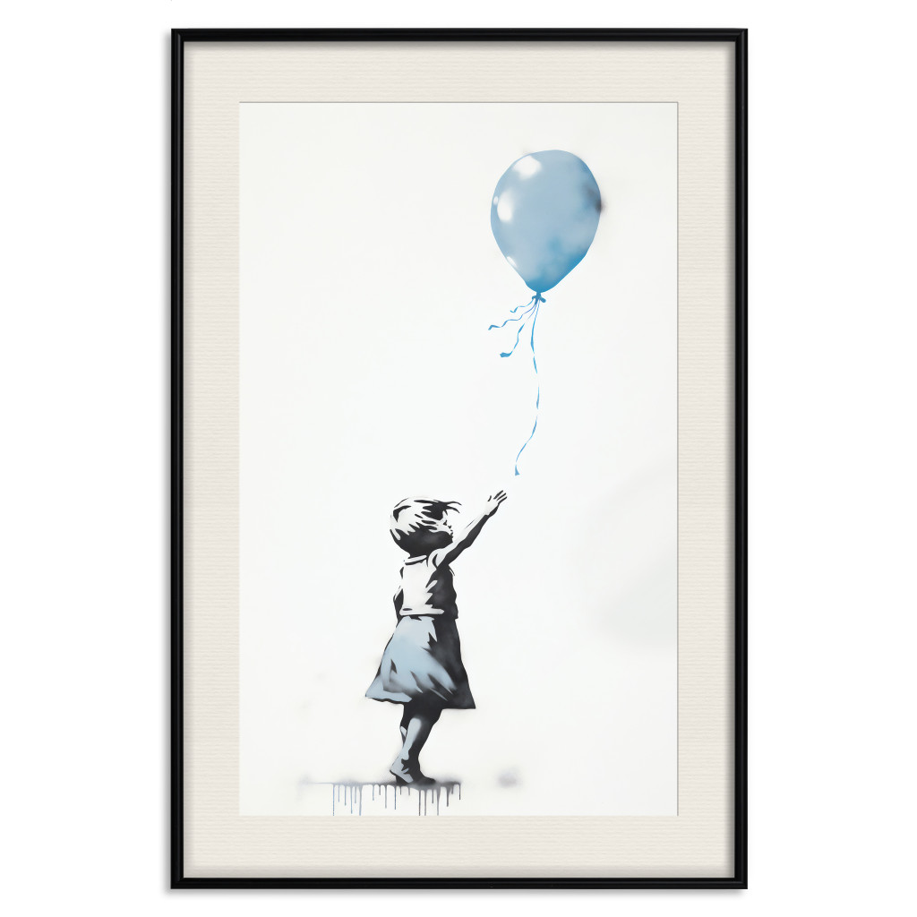 Muur Posters Blue Balloon - A Child’s Figure On Banksy-Style Graffiti