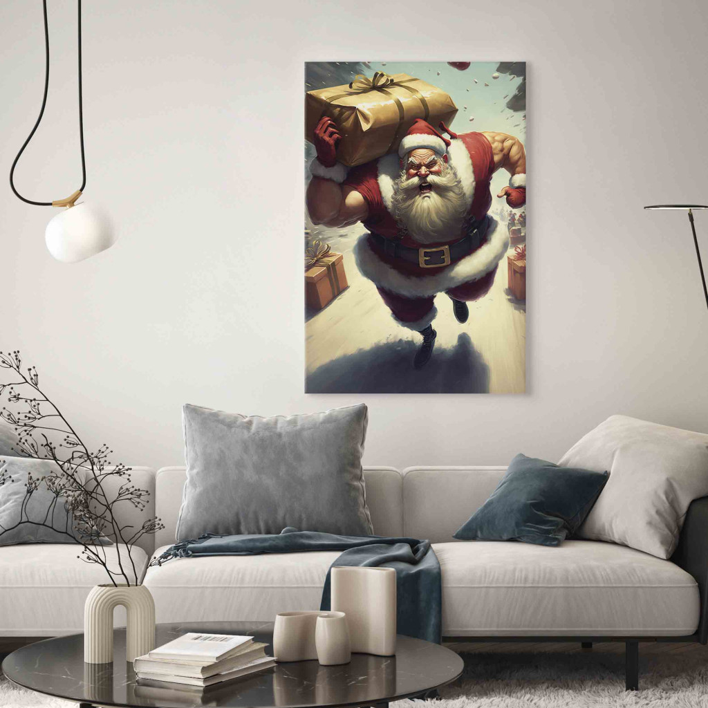 Schilderij  Winter: Christmas Madness - Muscular Santa Claus Carrying A Big Gift