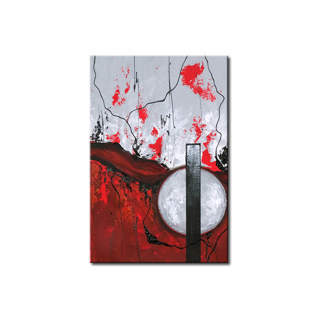 Schilderij  Abstract: Vuur En Ijs III (1-delig) - Rode Abstractie Op Een Grijze Achtergrond