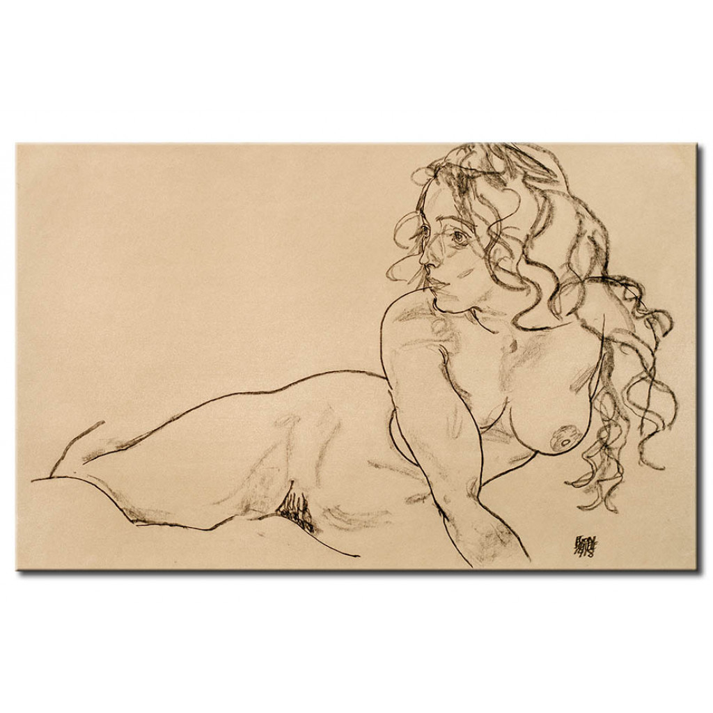 Schilderij  Egon Schiele: Sich Aufstützender Weiblicher Akt Mit Langem Haar