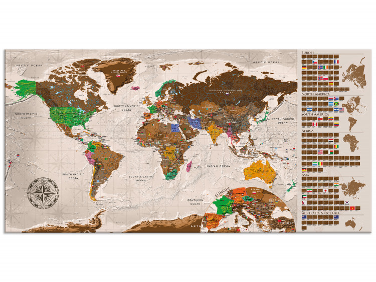 Wandweltkarte zum Rubbeln Hellbraune Weltkarte - Aufhängefertig (Englische Beschriftung) 106874