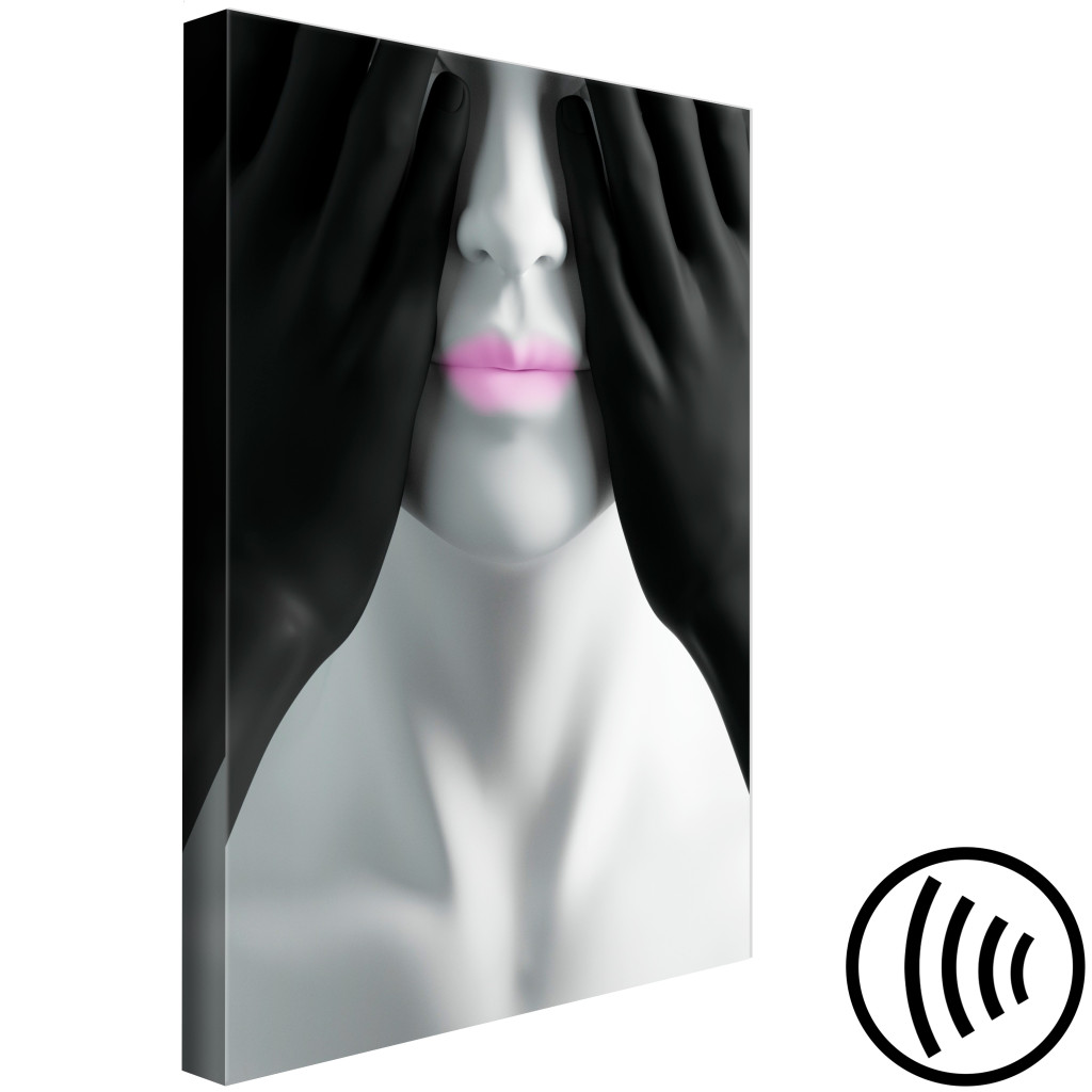 Schilderij  Vrouwen: Pink Lips - Zwart-wit Portret Van De Geblinddoekte Figuur