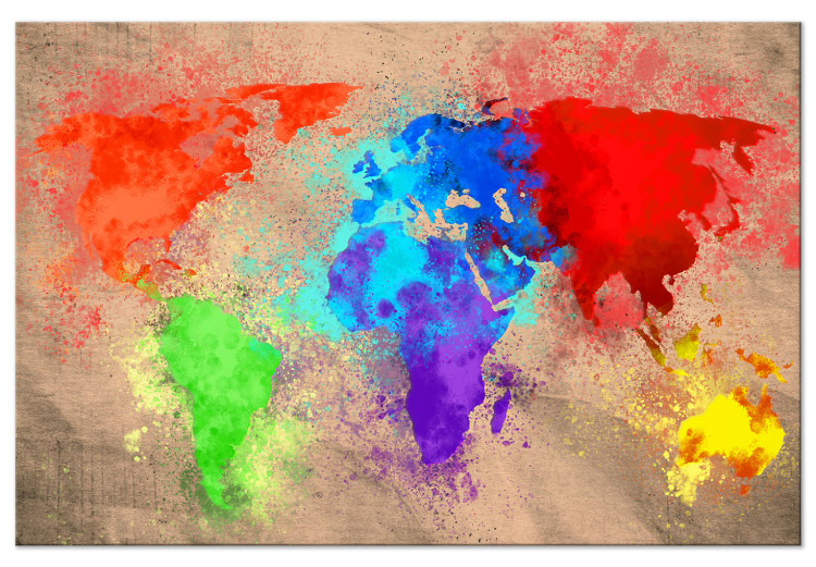 Bild auf Leinwand Erdfarben - eine Aquarell-Weltkarte mit bunten Kontinenten 128974