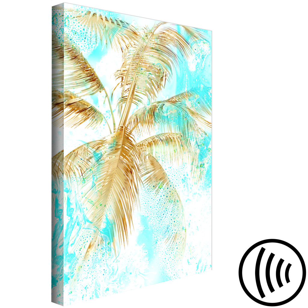 Pintura Em Tela Folhas De Palmeira Dourada - Paisagem Tropical Sobre Fundo Azul