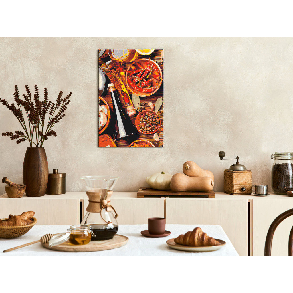 Obraz Do Malowania Po Numerach Kulinarne Impresje - Kolorowe Przyprawy I Oliwa Na Drewnianym Stole