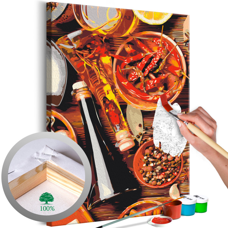 Cuadro para pintar con números Culinary Impressions - Colorful Spices and Olive Oil on a Wooden Table 148874