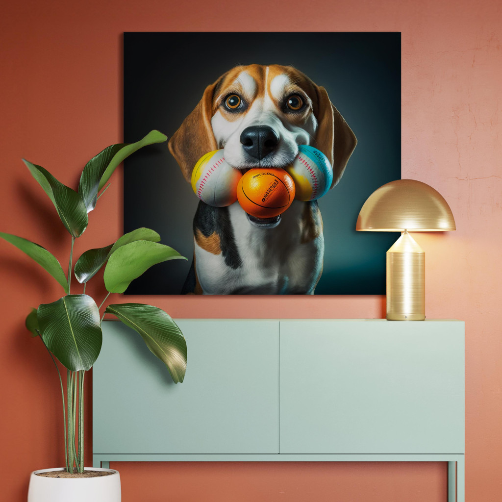 Obraz AI Pies Beagle - Portret Zwierzaka Z Trzema Piłkami W Pysku - Kwadratowy
