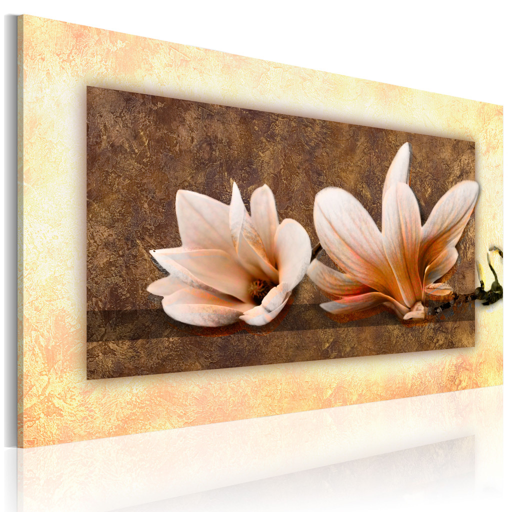 Tavla Magnolians Natur (1-del) - Ljusa Blommor På Brun Bakgrund