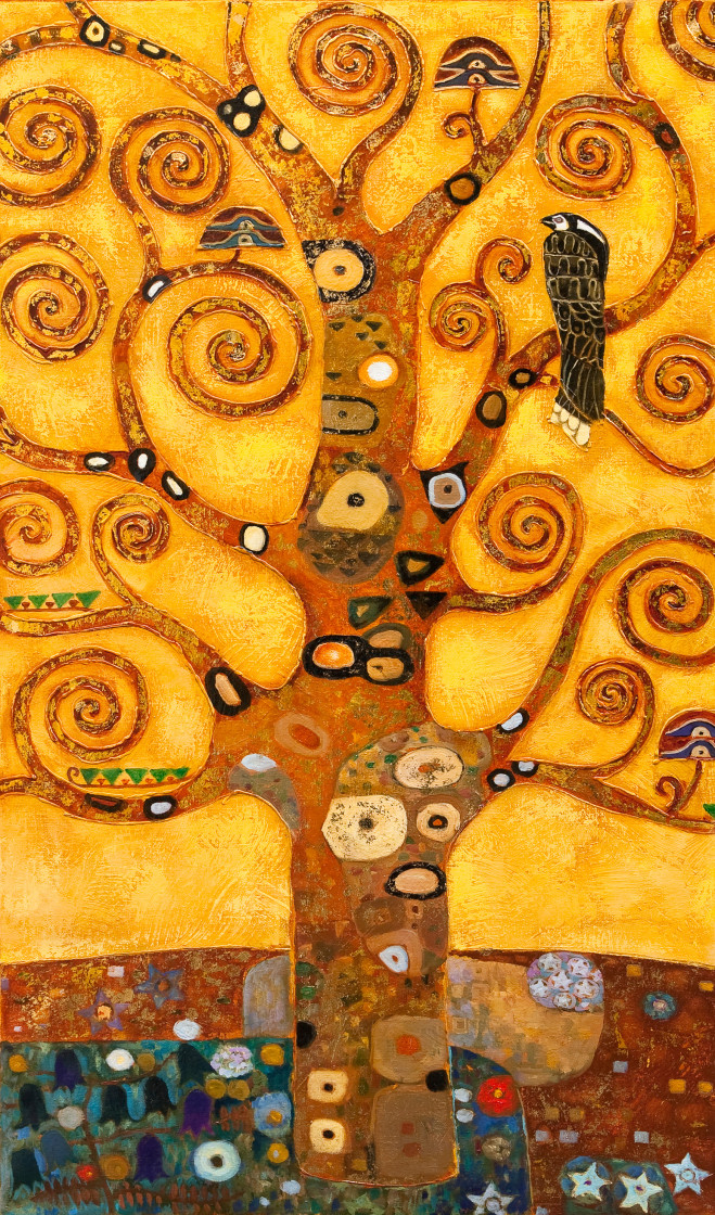 Fototapeta Drzewo życia (Gustav Klimt) - fantazyjne drzewo z liśćmi na żółtym tle 60474