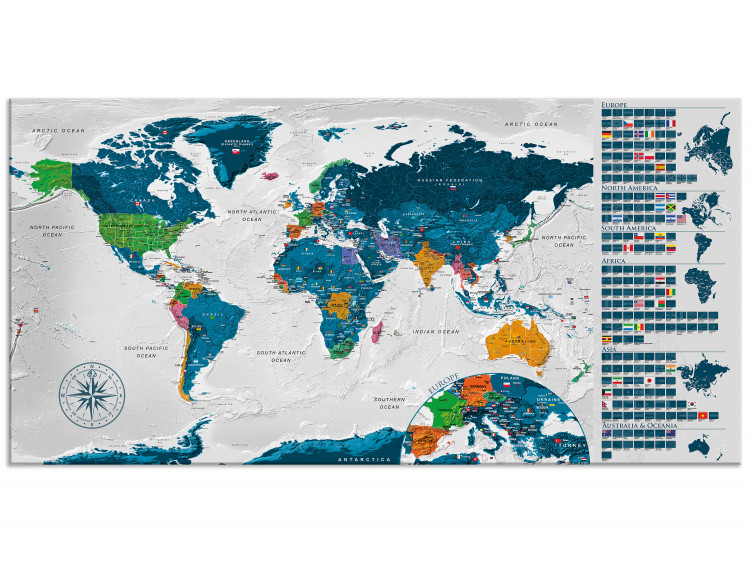 Blaue Weltkarte II - Aufhängefertig (Englische Beschriftung)