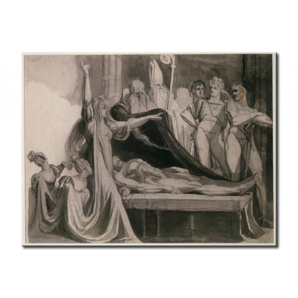 Schilderij  Johann Heinrich Füssli: Kriemhild Accuses Gunther And Hagen Of Murder As She Stands Next To Siegfried's Corpse In The Worms Cathedral
