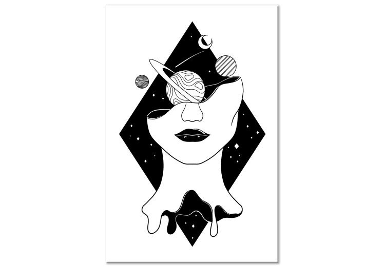 Obraz na płótnie Planety, księżyc i postać kobiety w rombie - czarno-biała abstrakcja