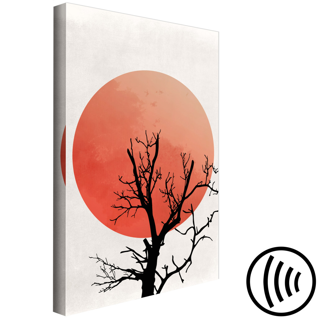 Canvastavla Ett Träd Med Solnedgång - En Abstrakt Komposition Med En Svart Kontur Av Grenar Och Genomborrad Av Den Orörliga Solen I Orange Färger