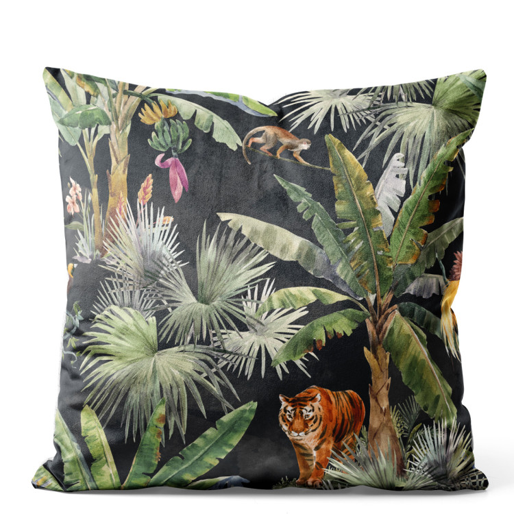 Sammets kudda In the jungle - palm trees, tiger and monkey on dark background 147284