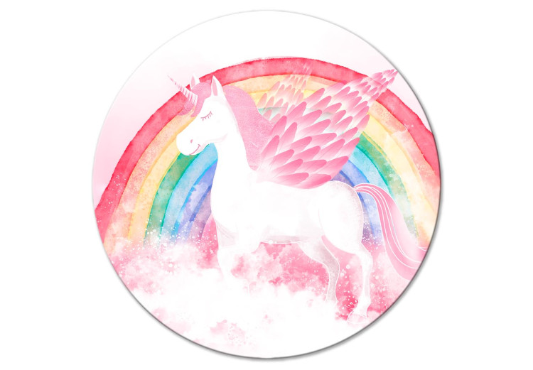 Cuadro redondos en lienzo Magic World - Unicorn and Rainbow Against a Pink Sky