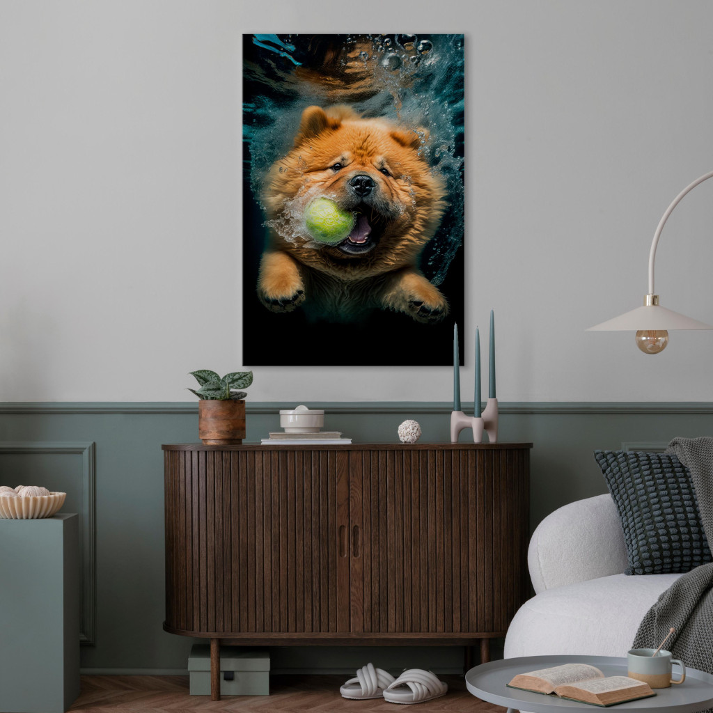 Schilderij  Honden: AI Dog Chow Chow - Floating Animal With A Ball In Its Mouth - Vertical